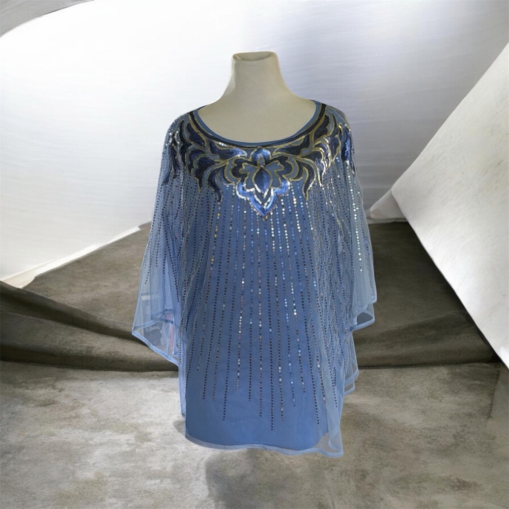Bob Mackie Wearable Art periwinkle blue sequin dolman blouse, size 1X, NWT